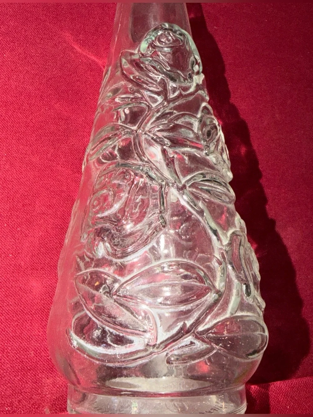 1950s clear GLASS Decanter Wine BOTTLE Embossed Cabbage ROSES 13” & Stopper SET